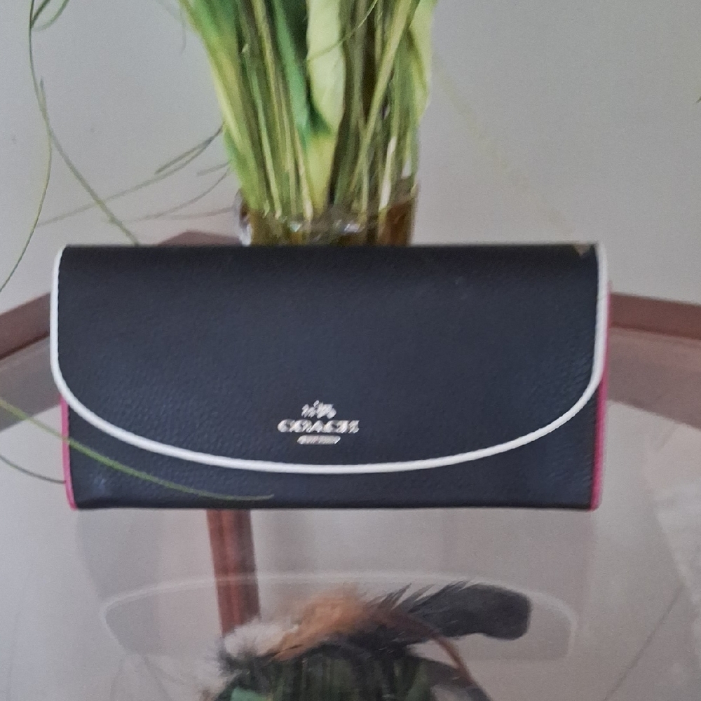 Coach Black Leather Continental Wallet with White Piping and Pink Sides